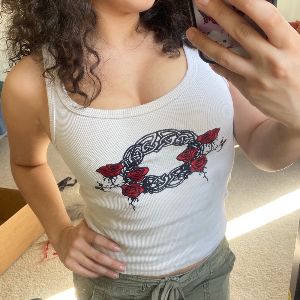 White Tank Top with Red Rose Design
